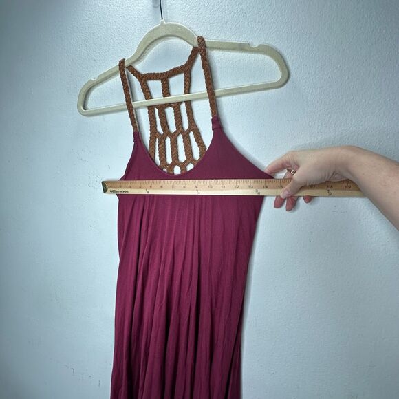 Sky Burgundy Scoop Neck Hand Braided Leather Design Back Strap Flowy Dress XS - Picture 12 of 14